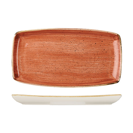 Oblong Plate - 350mmx185mm, Spiced Orange, Stonecast from Churchill. Vitrified, made out of Porcelain and sold in boxes of 3. Hospitality quality at wholesale price with The Flying Fork!