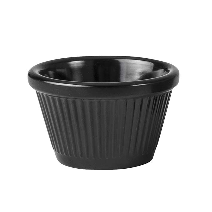 Ramekin - Black, 63 x 40mm-45ml, Fluted from Ryner Melamine. Sold in boxes of 72. Hospitality quality at wholesale price with The Flying Fork!