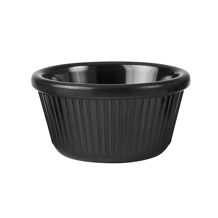 Ramekin - Black, 80 x 45mm-90ml, Fluted from Ryner Melamine. Sold in boxes of 72. Hospitality quality at wholesale price with The Flying Fork!