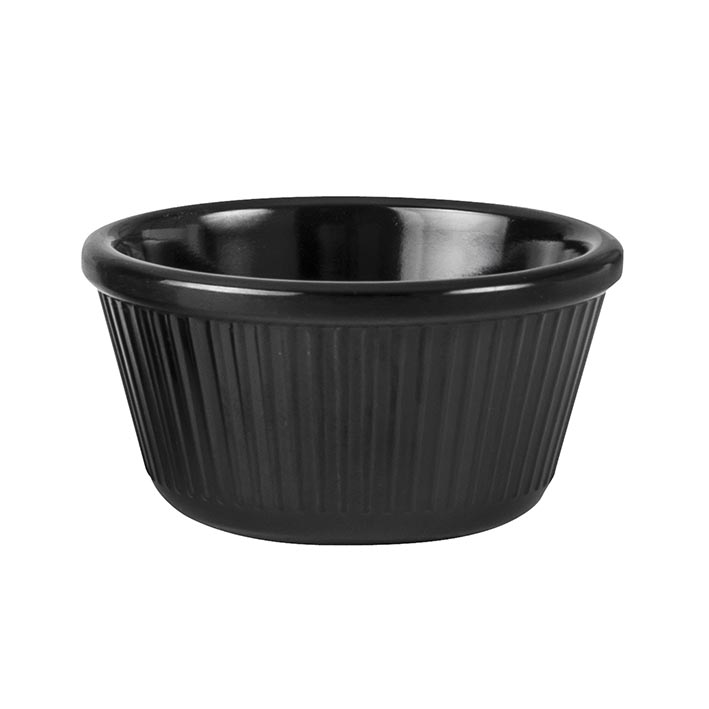 Ramekin - Black, 85 x 50mm-120ml, Fluted from Ryner Melamine. made out of Melamine and sold in boxes of 72. Hospitality quality at wholesale price with The Flying Fork!