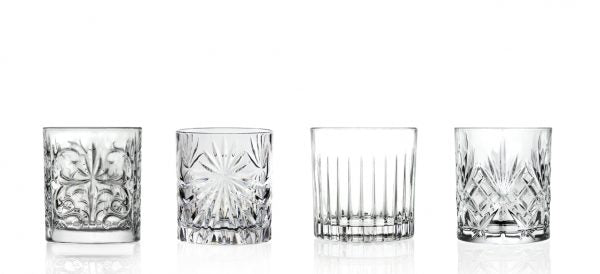 Mixology Trend Set- 4 Tumblers from RCR Cristalleria. made out of Glass and sold in boxes of 1. Hospitality quality at wholesale price with The Flying Fork!
