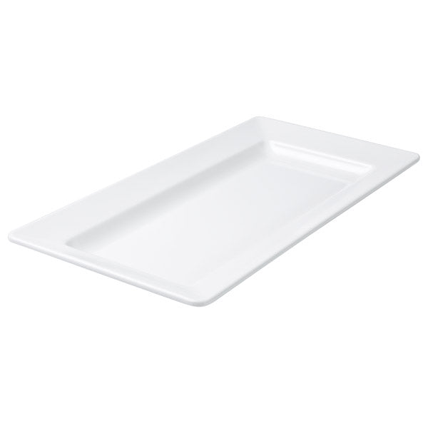 Rect. Platter - Wide Rim, White, 445 x 220mm from Ryner Melamine. Sold in boxes of 3. Hospitality quality at wholesale price with The Flying Fork!