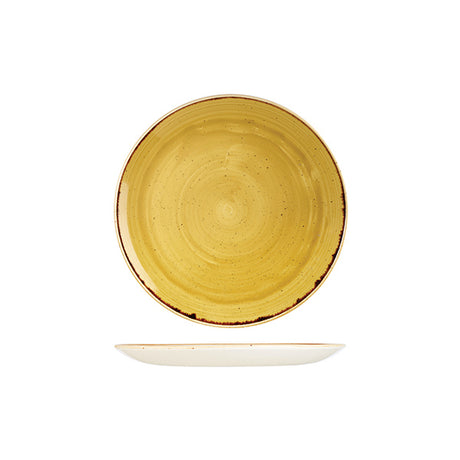 Round Plate - 217mm, Mustard Seed Yellow, Stonecast from Churchill. Vitrified, made out of Porcelain and sold in boxes of 6. Hospitality quality at wholesale price with The Flying Fork!