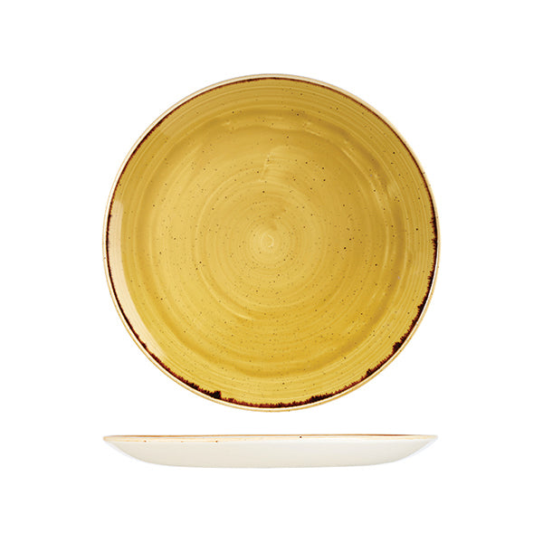 Round Plate - 260mm, Mustard Seed Yellow, Stonecast from Churchill. Vitrified, made out of Porcelain and sold in boxes of 6. Hospitality quality at wholesale price with The Flying Fork!