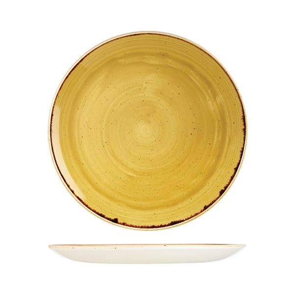 Round Plate - 288mm, Mustard Seed Yellow, Stonecast from Churchill. Vitrified, made out of Porcelain and sold in boxes of 6. Hospitality quality at wholesale price with The Flying Fork!