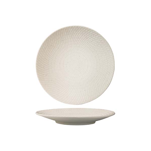 Round Plate - Coupe, 155mm, White Swirl from Luzerne. Textured, made out of Ceramic and sold in boxes of 24. Hospitality quality at wholesale price with The Flying Fork!