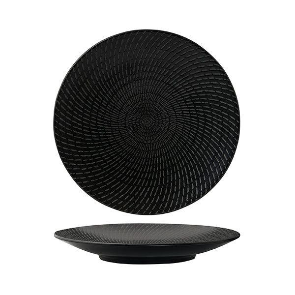 Round Plate - Coupe, 235mm, Black Swirl from Luzerne. Matt Finish, made out of Ceramic and sold in boxes of 4. Hospitality quality at wholesale price with The Flying Fork!