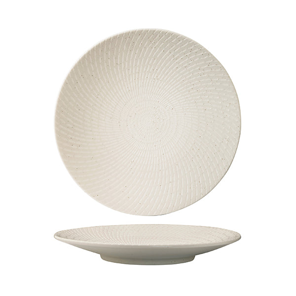 Round Plate - Coupe, 235mm, White Swirl from Luzerne. Textured, made out of Ceramic and sold in boxes of 12. Hospitality quality at wholesale price with The Flying Fork!