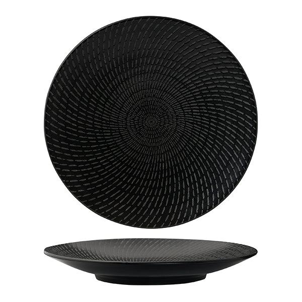 Round Plate - Coupe, 275mm, Black Swirl from Luzerne. made out of Ceramic and sold in boxes of 4. Hospitality quality at wholesale price with The Flying Fork!