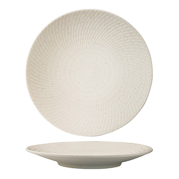 Round Plate - Coupe, 275mm, White Swirl from Luzerne. Textured, made out of Ceramic and sold in boxes of 12. Hospitality quality at wholesale price with The Flying Fork!