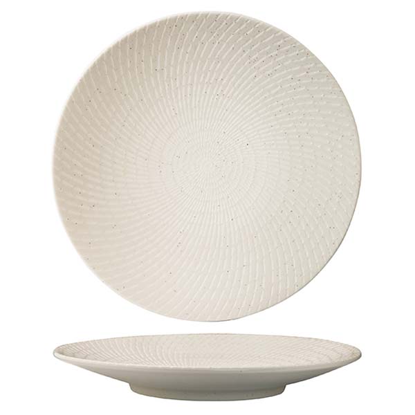 Round Plate - Coupe, 310mm, White Swirl from Luzerne. Textured, made out of Ceramic and sold in boxes of 12. Hospitality quality at wholesale price with The Flying Fork!