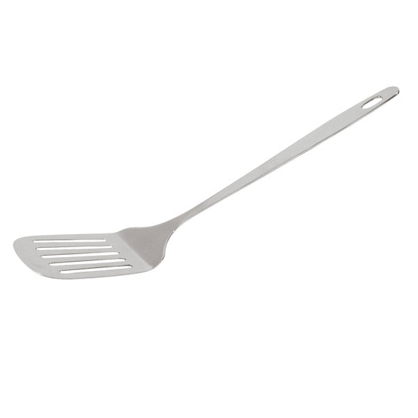 A long handled Slotted Turner in stainless steel on a white background