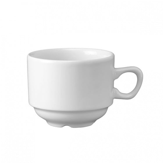 Stackable Tea Cup - 210ml from Churchill. made out of Porcelain and sold in boxes of 24. Hospitality quality at wholesale price with The Flying Fork!