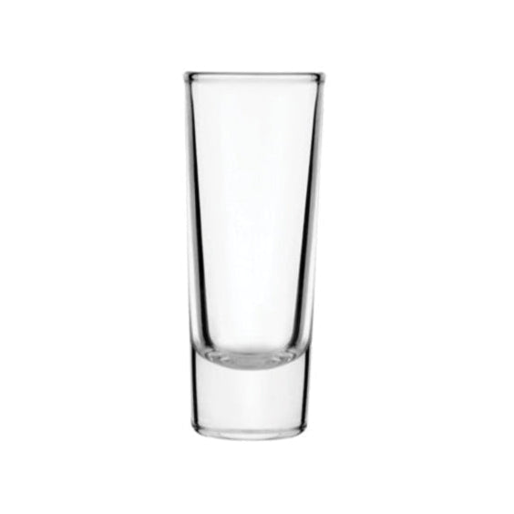 A tall shot glass with no liquid displayed on a white background