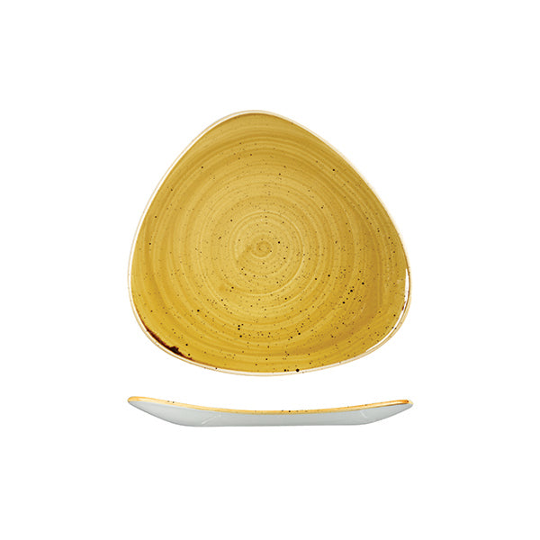 Triangular Plate - 229mm, Mustard Seed Yellow, Stonecast from Churchill. Vitrified, made out of Porcelain and sold in boxes of 6. Hospitality quality at wholesale price with The Flying Fork!
