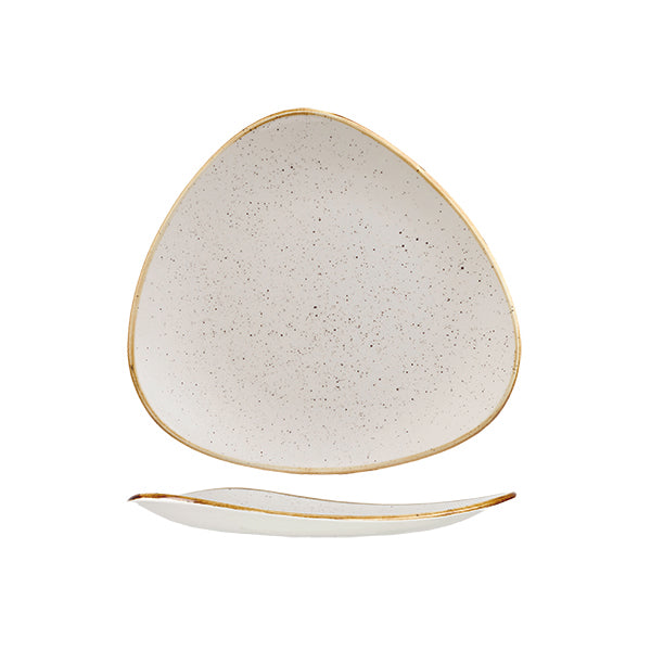 Triangular Plate - 229mm, Barley White, Stonecast from Churchill. Vitrified, made out of Porcelain and sold in boxes of 6. Hospitality quality at wholesale price with The Flying Fork!