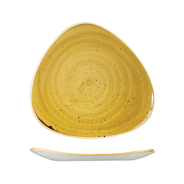 Triangular Plate - 311mm, Mustard Seed Yellow, Stonecast from Churchill. Vitrified, made out of Porcelain and sold in boxes of 3. Hospitality quality at wholesale price with The Flying Fork!