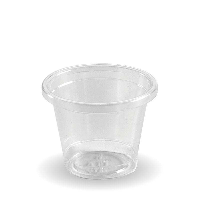 Sample Cup - 30ml (Box of 3000) from BioPak. Compostable, made out of Bioplastic and sold in boxes of 1. Hospitality quality at wholesale price with The Flying Fork!
