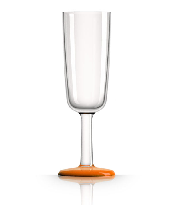 Unbreakable Flute Glass with Orange Base 180ml from Palm Products. made out of Tritan - BPA Free and sold in boxes of 4. Hospitality quality at wholesale price with The Flying Fork!
