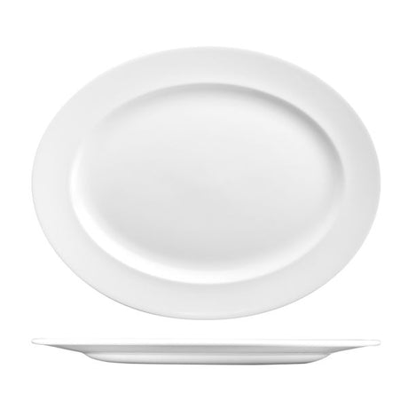 Oval Plate - 365x293mm, Wide Rim, Classic from Churchill. made out of Porcelain and sold in boxes of 6. Hospitality quality at wholesale price with The Flying Fork!