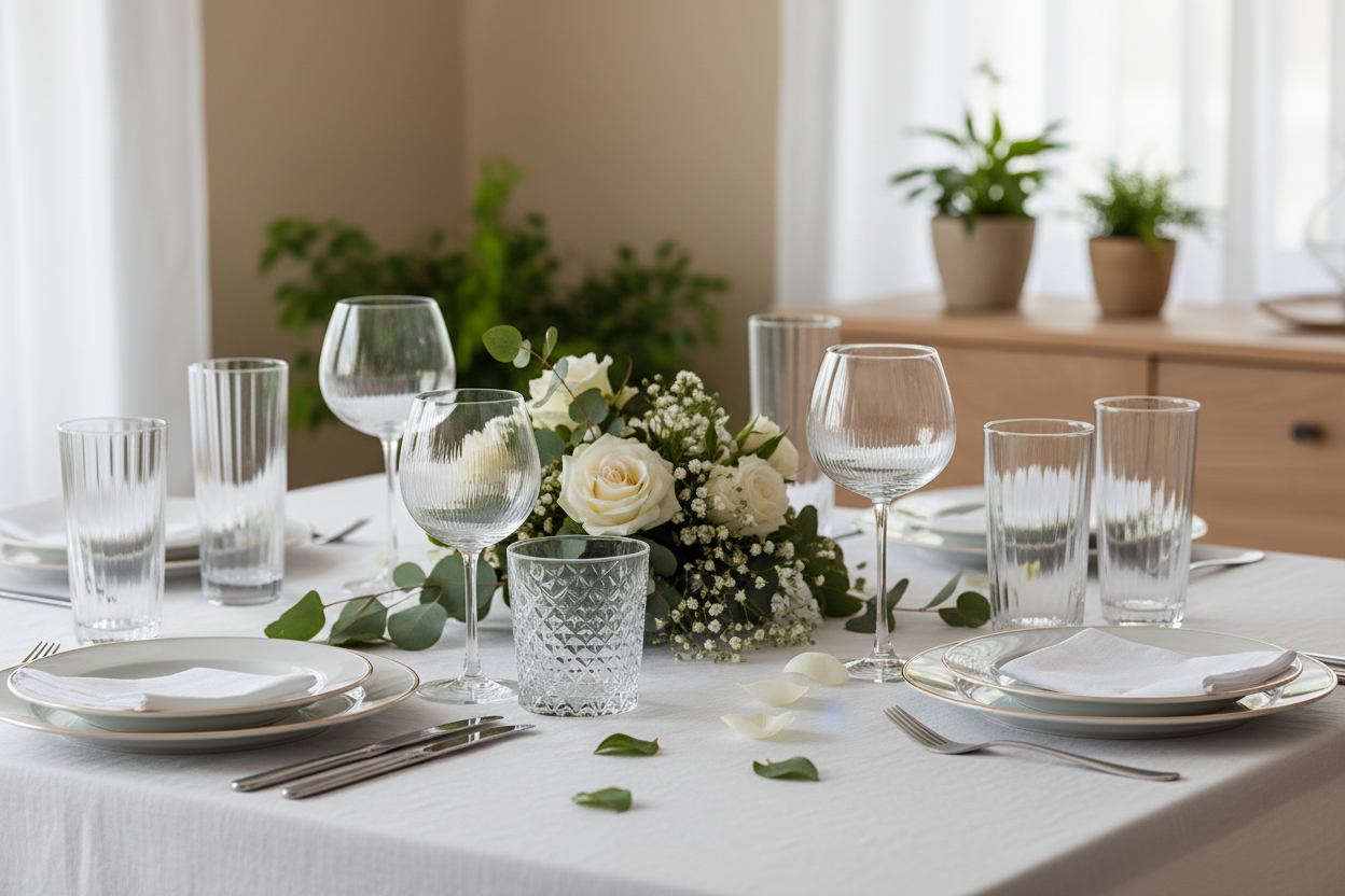Pasabache glassware on a table setting with plates and cutlery