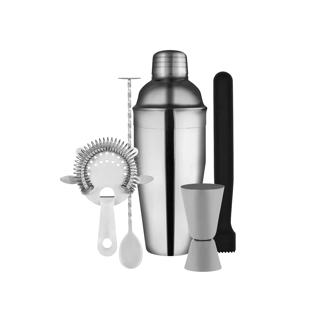 Stainless Steel 5 piece cocktail set on white background