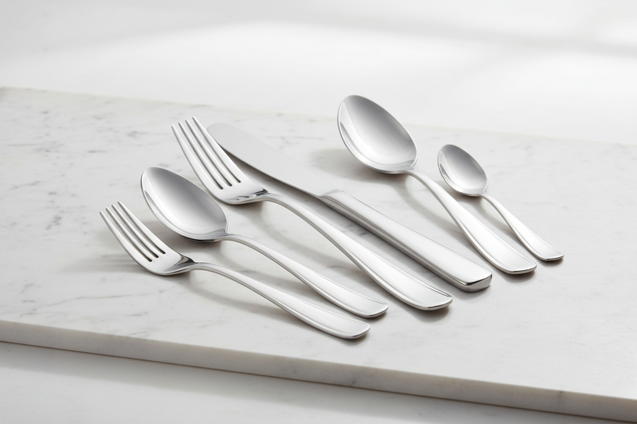 Barcelona mirror-polished stainless steel cutlery set including dinner fork, table knife, dessert spoon, teaspoon and soup spoon arranged on white marble — wholesale hospitality flatware from The Flying Fork Australia