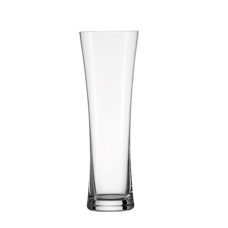 A clear glass wheat beer glass with a tall and slender shape.