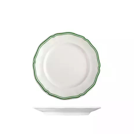 White plate with green rim on a white background