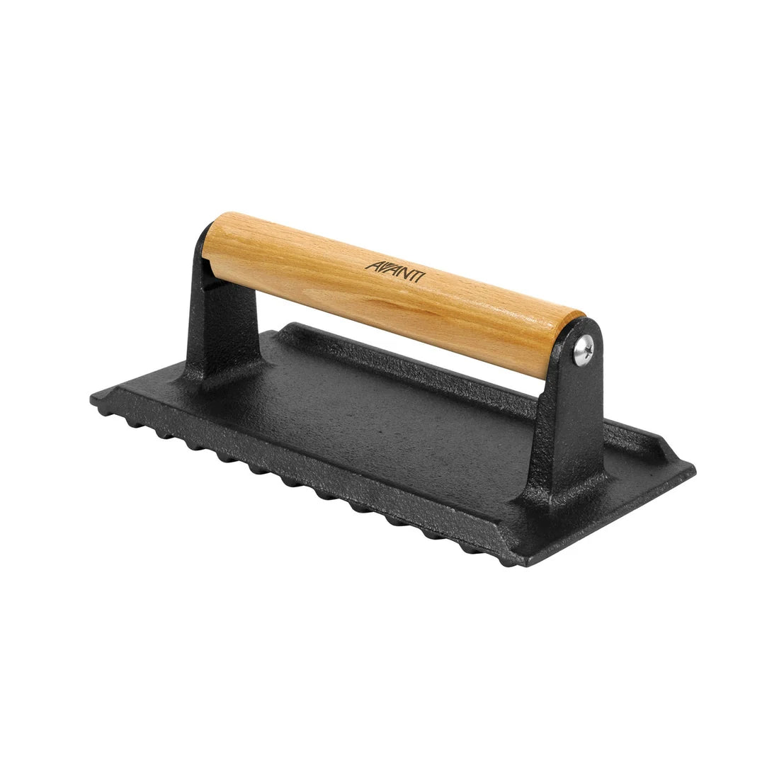Black cast iron Meat Press with wooden handle presented on a white background