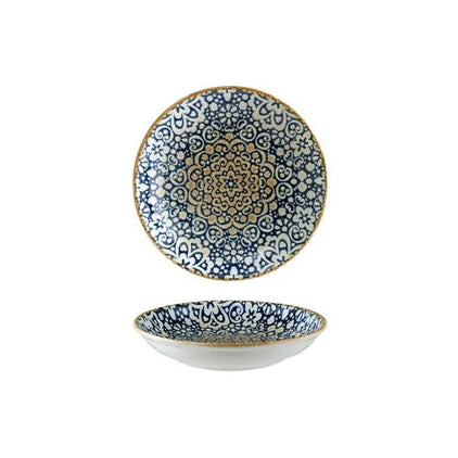 blue / yellow / white sauce dish on white background