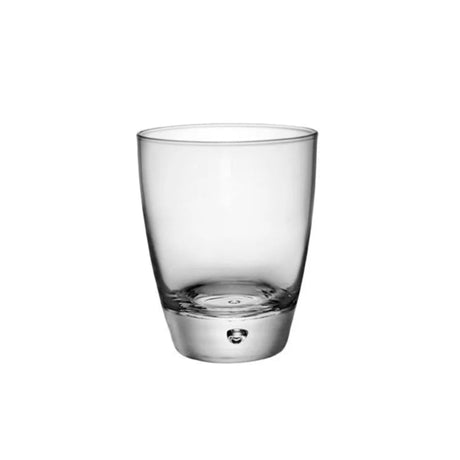 A clear glass with a unique bubble design at the base, part of a set of 12.