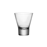 A clear double old fashioned glass with a geometric design.