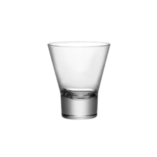 A clear double old fashioned glass with a geometric design.