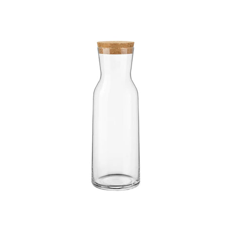 Clear glass carafe with a wooden lid on a white background