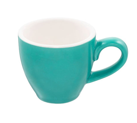 A traditional espresso coffee cup with a matt finish in a blue color, known as Aqua.