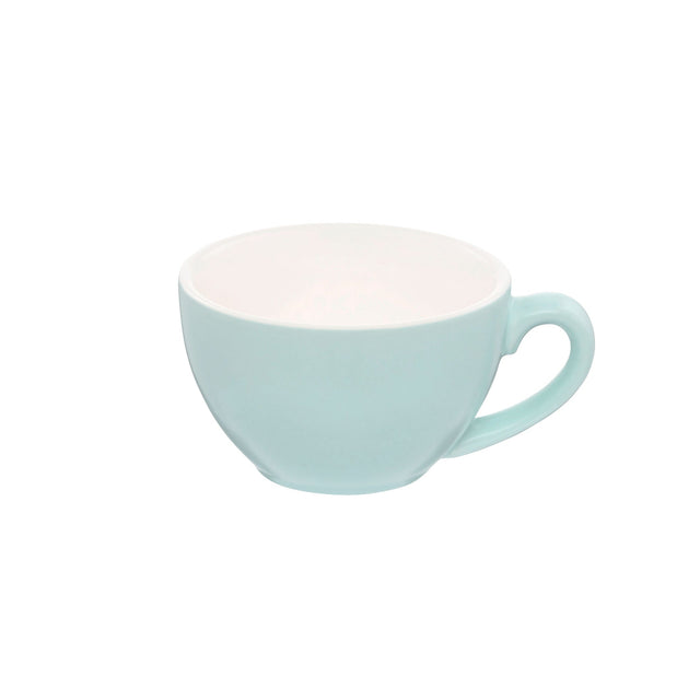 A blue cappuccino cup with a white interior and a matching blue handle, against a plain background.