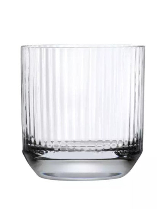A clear whiskey glass with a ribbed design.
