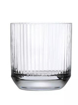 A clear whiskey glass with a ribbed design.