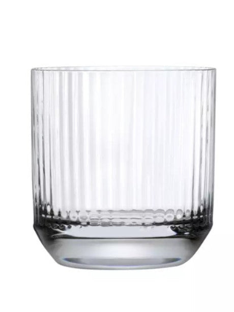 A clear whiskey glass with a ribbed design.