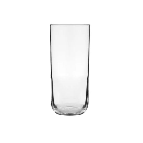 A clear highball glass with a smooth finish and no visible contents.