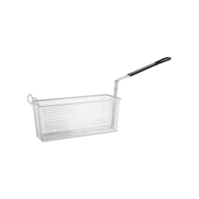 Metal frying basket with handle on a white background