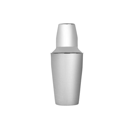 A medium sized, stainless steel cocktail shaker with lid presented on a white background
