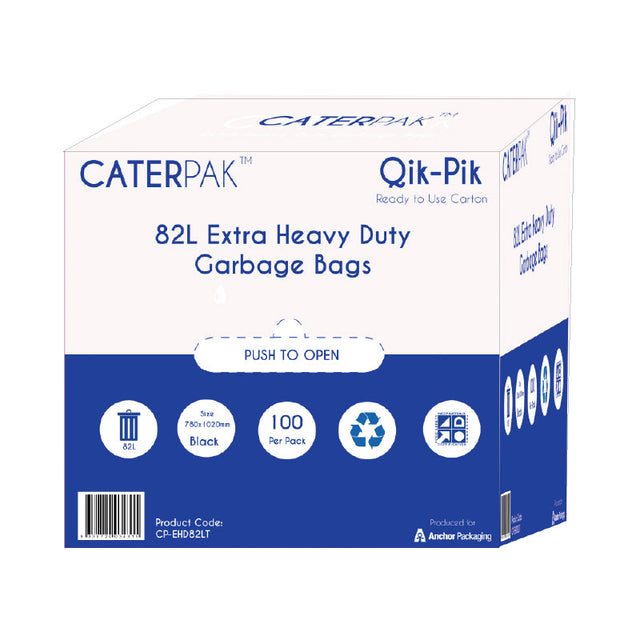 Qik-Pik Extra Heavy Duty Garbage Bags 82L: Box of 100 units