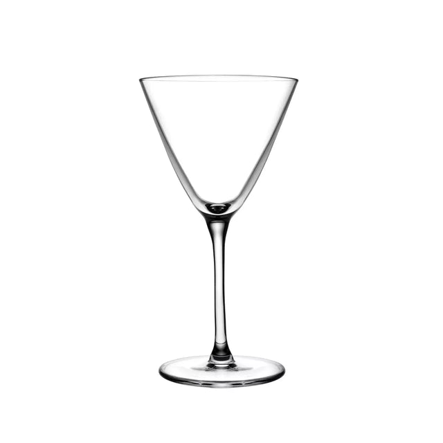 Clear martini glass on a white background