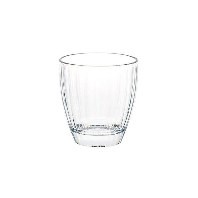 A clear polycarbonate tumbler glass.
