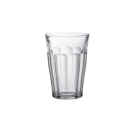 A clear glass tumbler with a textured vertical ribbed pattern, shown on a solid white background.