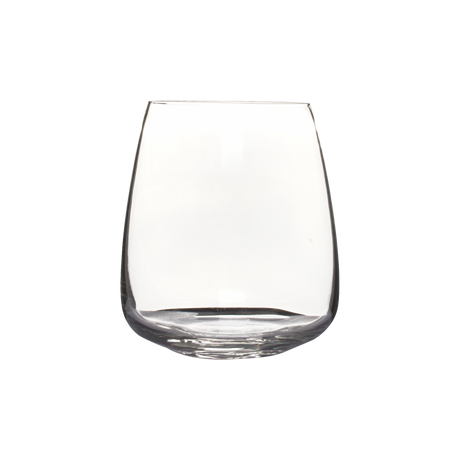 Large clear stemless wine glass on a white background