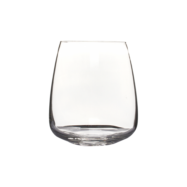 Large clear stemless wine glass on a white background