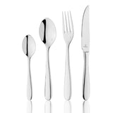 Set of silver cutlery including spoon, fork, and knife on a white background